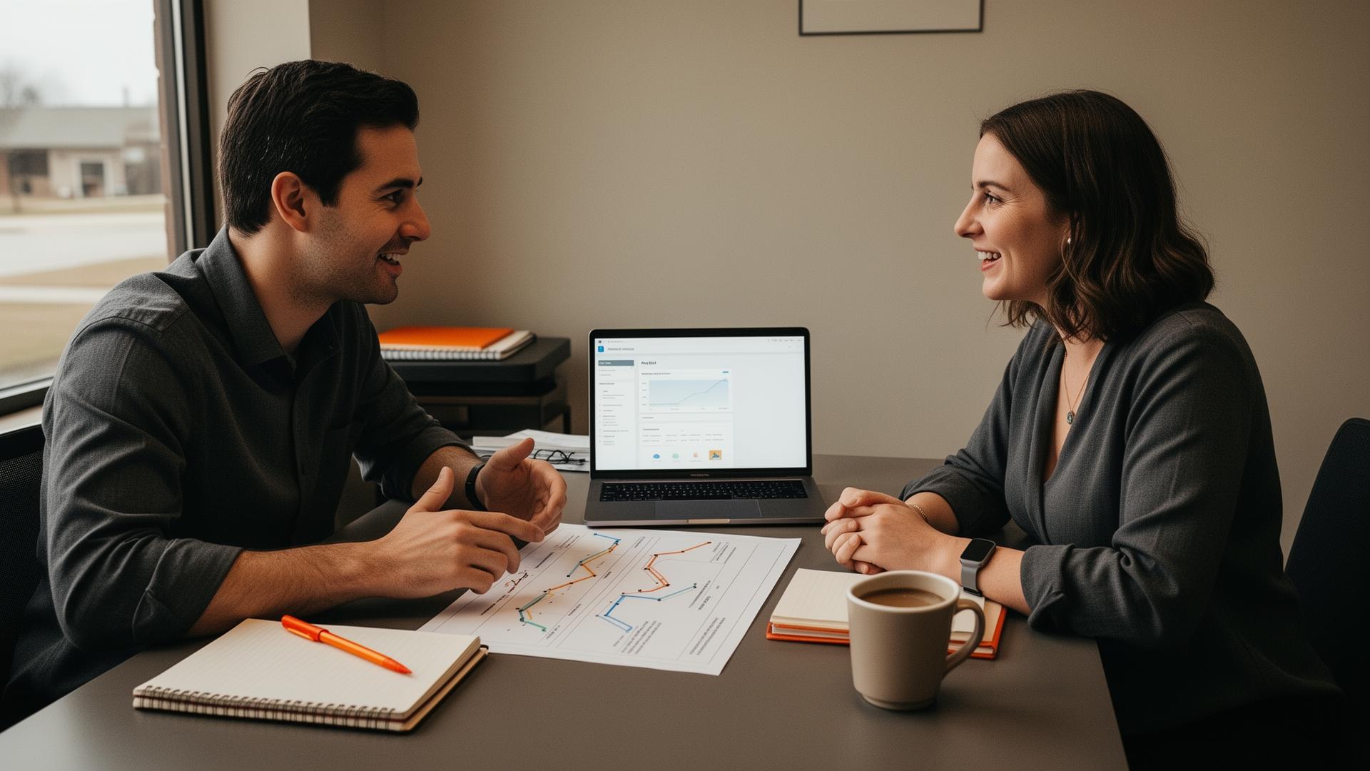 Growth consultant and business owner reviewing a tailored strategy together