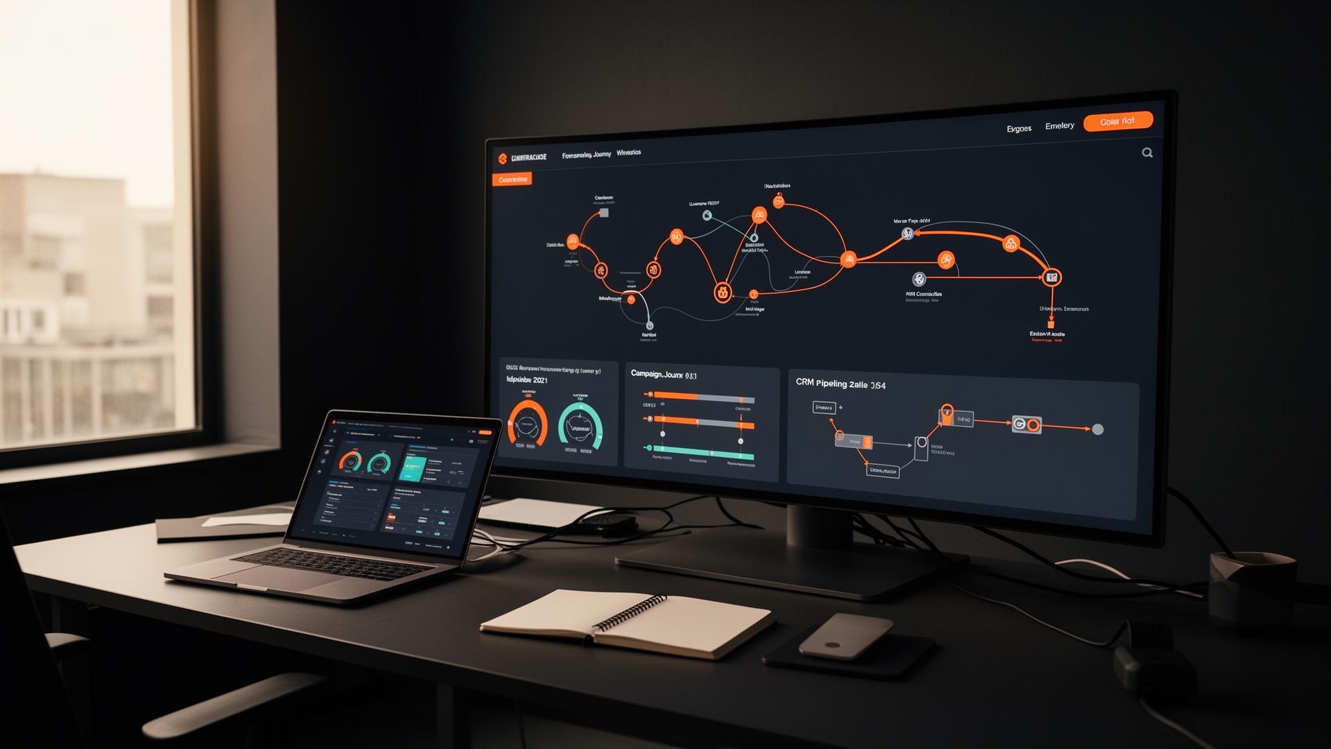 Marketing automation workspace displaying a customer journey, campaign analytics, and CRM workflows